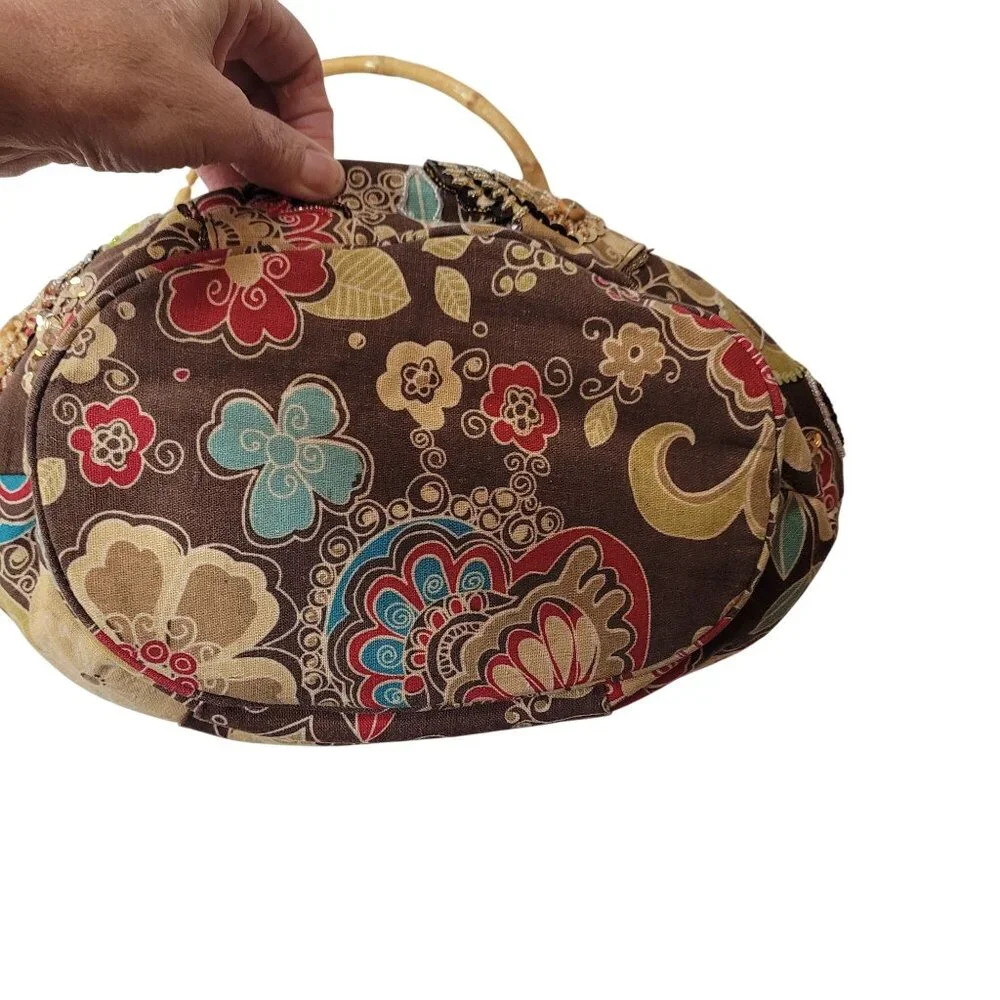 Tianni Floral Embroidered Boho Fabric Handbag With Bamboo Ring Handles
